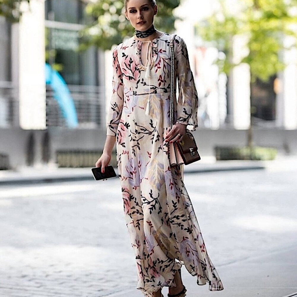 Max & Co. Floral Silk Maxi Dress in Cream, Pink and Black